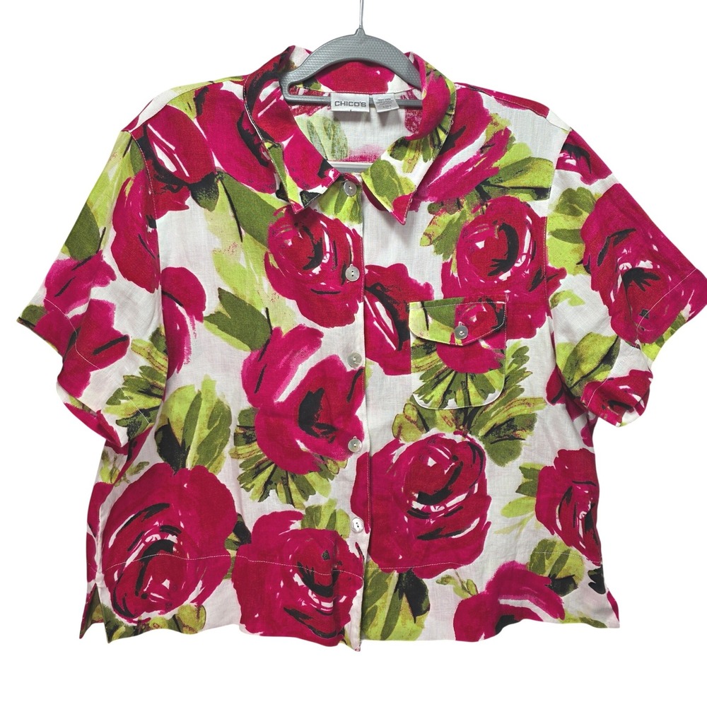 Chicos All Linen Floral Rose Button Shirt Womens Sz L Large Red Roses‎ Collared
